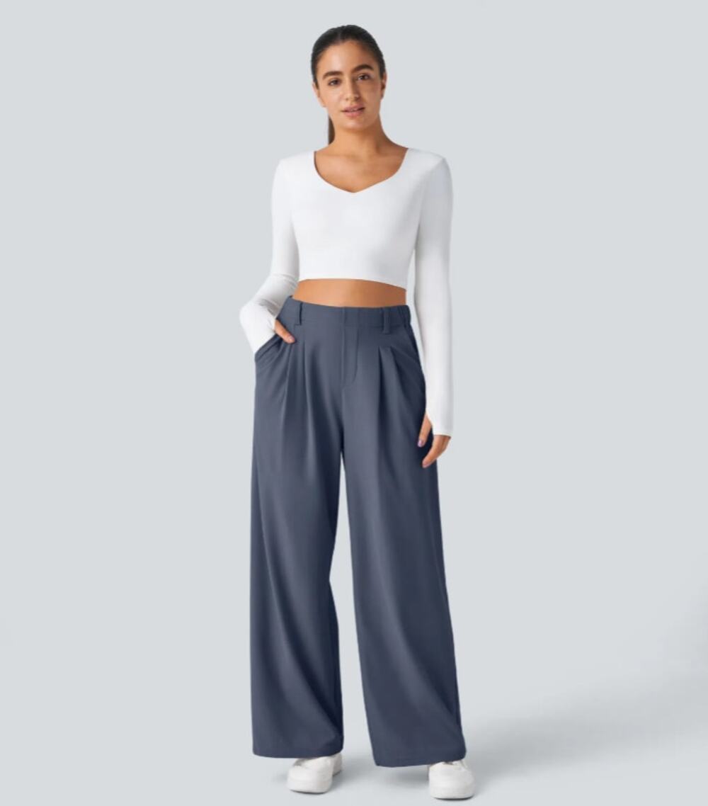 Halara Small Reg Blue Flex High Waisted Pocket Wide Leg Waffle Work Pants J6-3